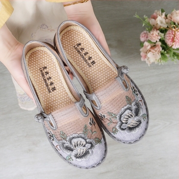 Γυναικεία καλοκαιρινά παπούτσια από μετάξι μεταξωτού πλέγματος, παλιά υφασμάτινα παπούτσια Πεκίνου, με μαλακή σόλα, άνετα αντιολισθητικά παπούτσια για μεσήλικες και ηλικιωμένους, με κεντημένο ύφασμα από πλέγμα