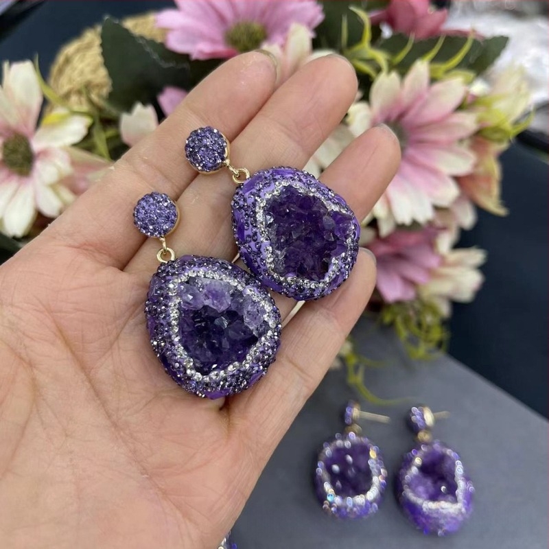 Σκουλαρίκια από αμέθυστο Ουρουγουάης στο TikTok live με καυτές πωλήσεις, από δέρμα φιδιού, υψηλής ποιότητας, vintage κοσμήματα από φυσική πέτρα