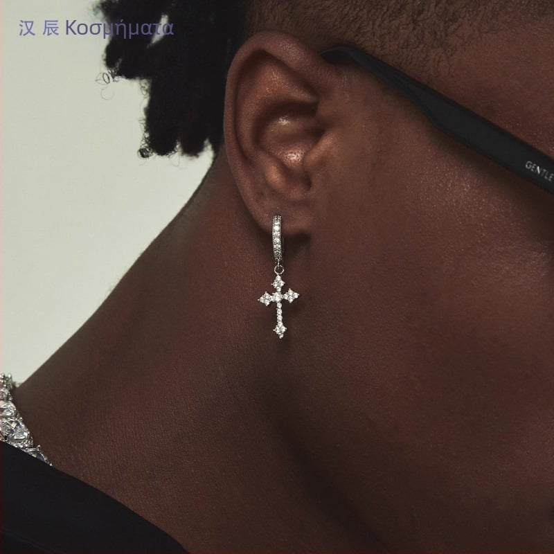 Σκουλαρίκια με σταυρό ζιργκόν για αγόρια, χιπ-χοπ μόδα, σχέδιο, αισθητική, νέα, niche, μονά σκουλαρίκια