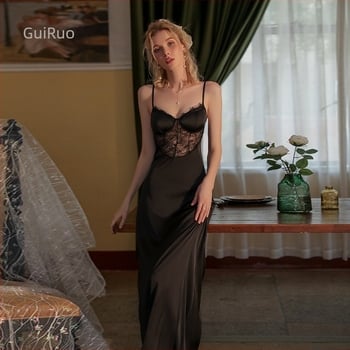 Νυχτικό Dz Guiruo με ραφές και δαντέλα, σέξι, με V λαιμόκοψη, καθαρό χρώμα, σατέν, στενή εφαρμογή, για γυναίκες, Q2720