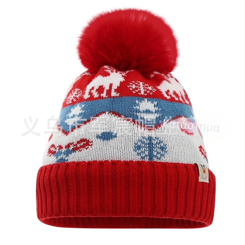 Διασυνοριακό Ευρωπαϊκό και Αμερικανικό σε απόθεμα Παιδικό Χριστουγεννιάτικο Καπέλο με επένδυση από φλις και παχύρρευστο ζακάρ καπέλο από μαλλί άλκης, χειμωνιάτικο ζεστό πλεκτό καπέλο με γούνα