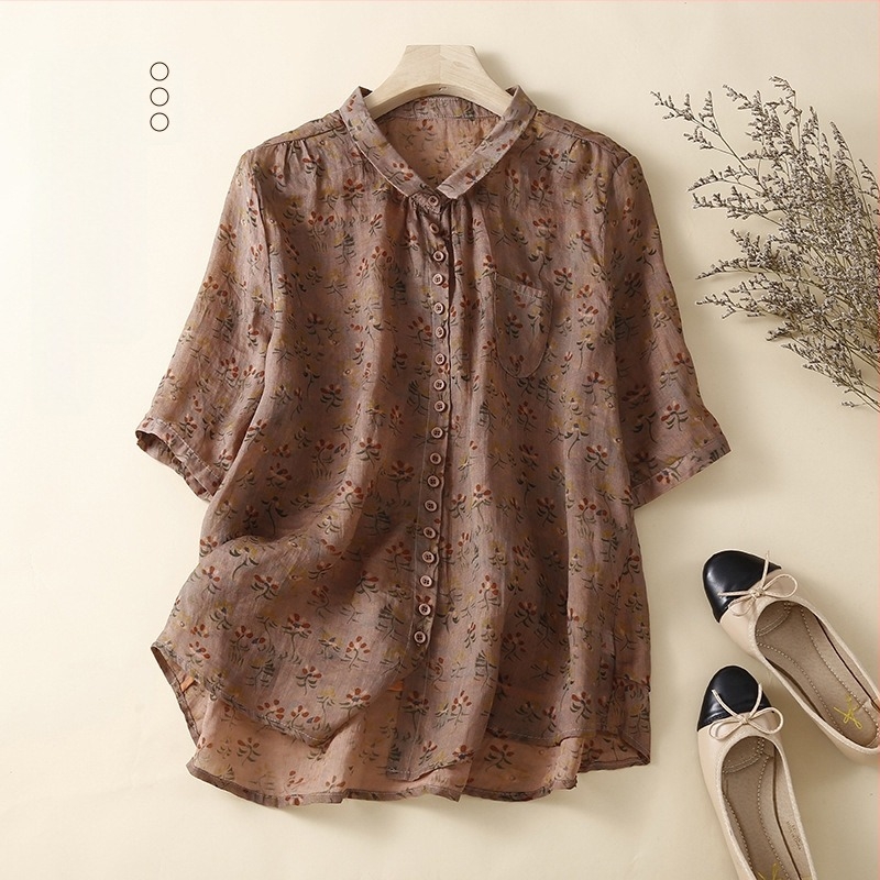 Καλοκαιρινό Νέο Κομψό Απλό Γυναικείο Πουκάμισο με Φλοράλ Λεπτό Πουκάμισο και Ζακέτα με Μπλούζα και Ριγέ Φλοράλ Στυλ