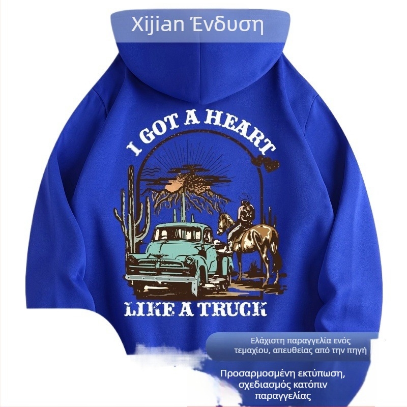 Ανδρικά Φούτερ με Κουκούλα Truck Cowboy για Ιππασία με Στάμπα, Δροσερό Streetwear, Casual, Χαλαρό Κάλυμμα με Τσέπη Καγκουρό