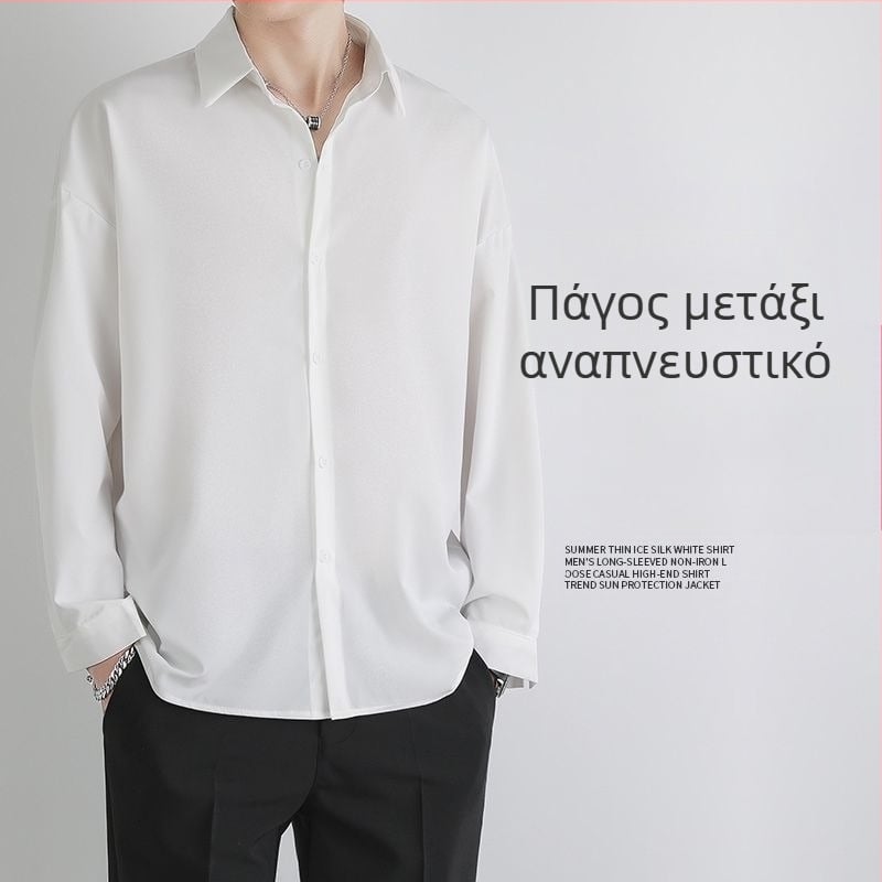 Λεπτό Μαύρο Πουκάμισο Ανδρικό Μακρυμάνικο με Ντραπέ, Άνοιξη, Φθινόπωρο και Καλοκαίρι, Υψηλής Ποιότητας, Όμορφο Ανδρικό Casual Λευκό Πουκάμισο σε Μοντέρνο Στυλ
