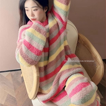 Γυναικεία πιτζάμα μισού βελούδου, φθινοπωρινά και χειμωνιάτικα, μαλακά, μακριά μανίκια, ουράνιο τόξο, ρίγες, σετ ρούχων για το σπίτι, με βελούδο και παχύρρευστο 2024, νέο στυλ