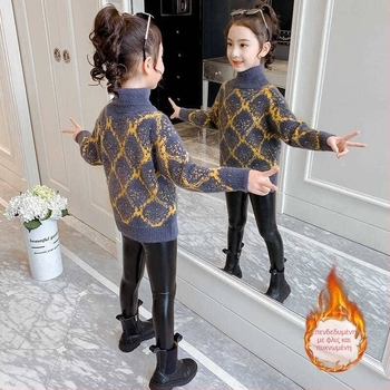 Πουλόβερ Western στυλ για κορίτσια Φθινόπωρο και Χειμώνας 2024 Νέο πουλόβερ με επένδυση για κορίτσια Παιδικό πλεκτό πουλόβερ με ψηλό γιακά και φλις επένδυση