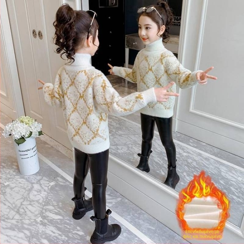 Πουλόβερ Western στυλ για κορίτσια Φθινόπωρο και Χειμώνας 2024 Νέο πουλόβερ με επένδυση για κορίτσια Παιδικό πλεκτό πουλόβερ με ψηλό γιακά και φλις επένδυση