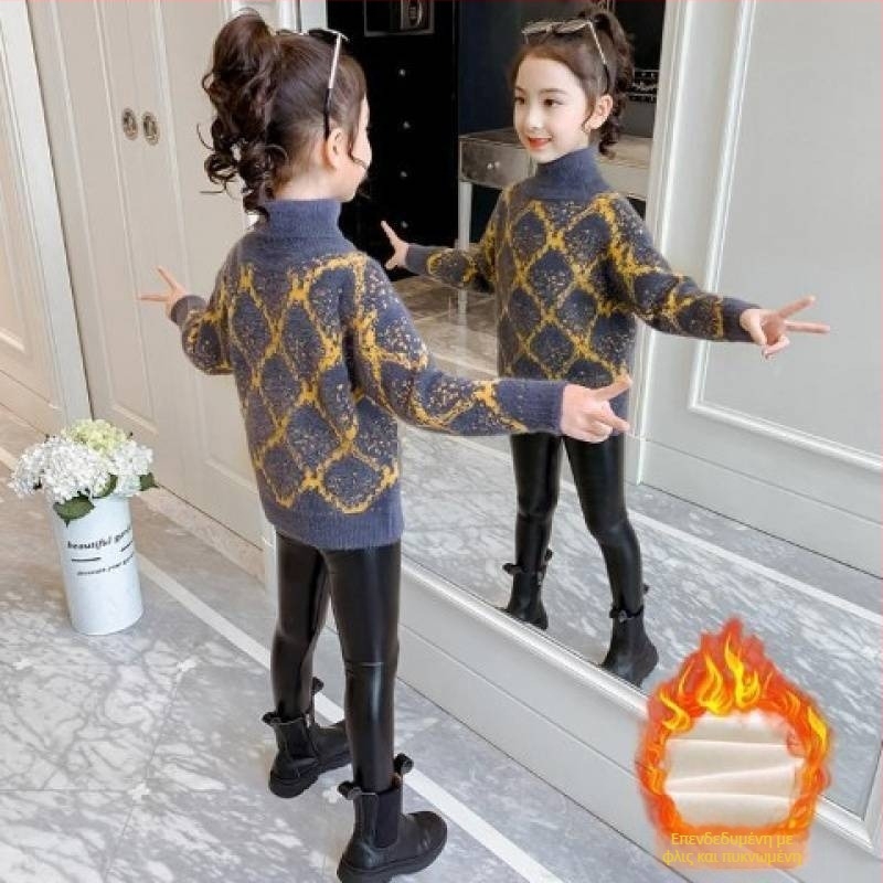 Πουλόβερ Western στυλ για κορίτσια Φθινόπωρο και Χειμώνας 2024 Νέο πουλόβερ με επένδυση για κορίτσια Παιδικό πλεκτό πουλόβερ με ψηλό γιακά και φλις επένδυση