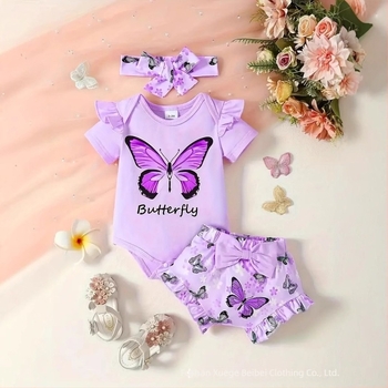 Άνοιξη και Καλοκαίρι 2025 Άνετο Νεογέννητο Μωρό με Κοντά Μανίκια και Στάμπα Πεταλούδας, Φαρδιά Παντελόνια, Κορδέλα για τα Μαλλιά, Κοστούμι 3 Τεμαχίων