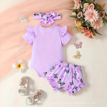 Άνοιξη και Καλοκαίρι 2025 Άνετο Νεογέννητο Μωρό με Κοντά Μανίκια και Στάμπα Πεταλούδας, Φαρδιά Παντελόνια, Κορδέλα για τα Μαλλιά, Κοστούμι 3 Τεμαχίων