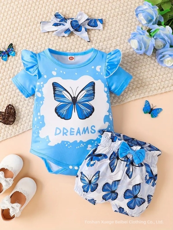 Άνοιξη και Καλοκαίρι 2025 Άνετο Νεογέννητο Μωρό με Κοντά Μανίκια και Στάμπα Πεταλούδας, Φαρδιά Παντελόνια, Κορδέλα για τα Μαλλιά, Κοστούμι 3 Τεμαχίων