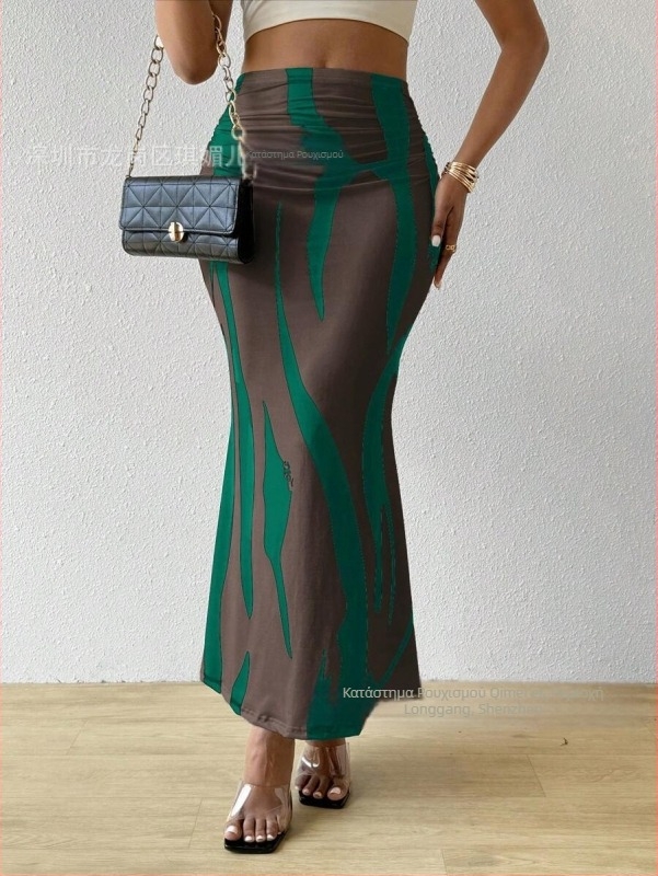 Φόρεμα με μακριά μανίκια και ψηλή μέση, λεπτό και στενό, σε ίσια γραμμή, με σχέδιο ζέβρας σε διασυνοριακό επίπεδο, σε πολύ χαμηλές τιμές, με λεπτή γραμμή και ψηλή μέση, με ουρά ψαριού.