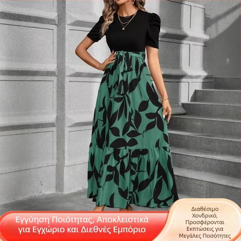 Amazon AliExpress διασυνοριακό για ευρωπαϊκή και αμερικανική γυναικεία floral εκτύπωση υψηλής μέσης μόδας κομψό φόρεμα ιδιοσυγκρασίας