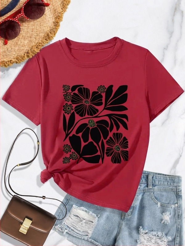 Αθλητικό μπλουζάκι με κοντό μανίκι και φλοράλ μοτίβο, casual μπλουζάκι με στρογγυλή λαιμόκοψη, γυναικείο αθλητικό μπλουζάκι σε χρώμα λαδί, βερίκοκο, βαμβάκι