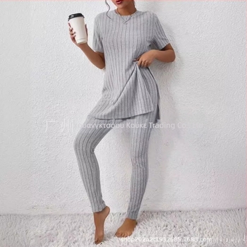 2025 Διασυνοριακό Ευρωπαϊκό και Αμερικανικό Νέο Πλεκτό Κοστούμι Amazon Casual Slim-Fit Μονόχρωμο Κοστούμι με Ριμπ Μακρύ Παντελόνι για Γυναίκες