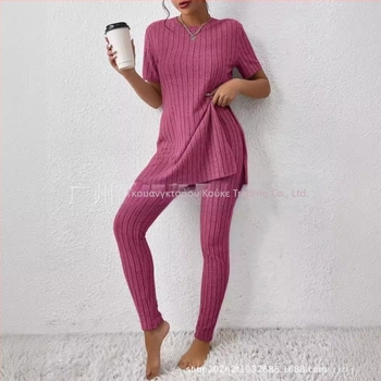 2025 Διασυνοριακό Ευρωπαϊκό και Αμερικανικό Νέο Πλεκτό Κοστούμι Amazon Casual Slim-Fit Μονόχρωμο Κοστούμι με Ριμπ Μακρύ Παντελόνι για Γυναίκες