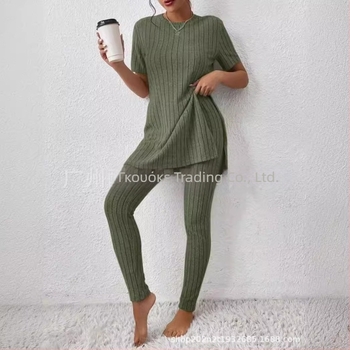 2025 Διασυνοριακό Ευρωπαϊκό και Αμερικανικό Νέο Πλεκτό Κοστούμι Amazon Casual Slim-Fit Μονόχρωμο Κοστούμι με Ριμπ Μακρύ Παντελόνι για Γυναίκες