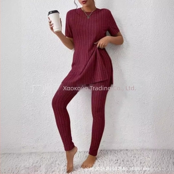 2025 Διασυνοριακό Ευρωπαϊκό και Αμερικανικό Νέο Πλεκτό Κοστούμι Amazon Casual Slim-Fit Μονόχρωμο Κοστούμι με Ριμπ Μακρύ Παντελόνι για Γυναίκες