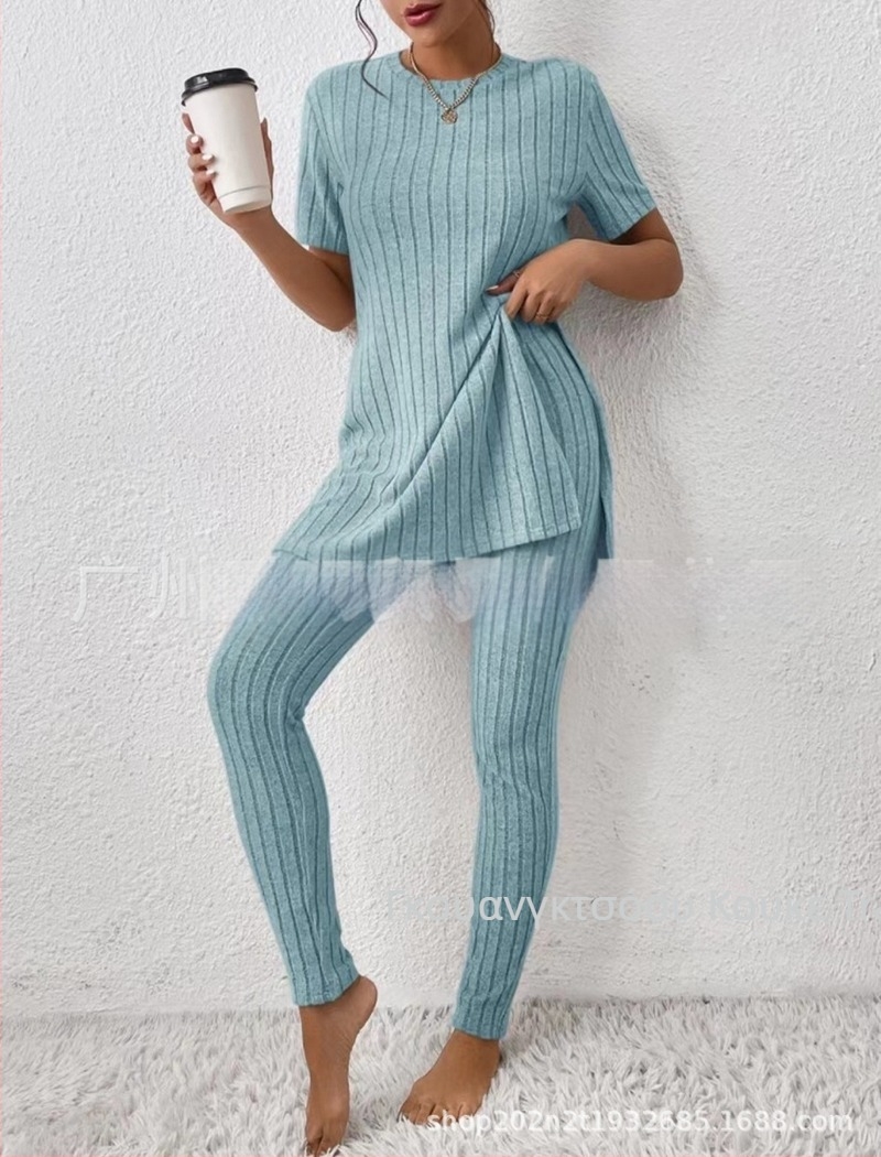 2025 Διασυνοριακό Ευρωπαϊκό και Αμερικανικό Νέο Πλεκτό Κοστούμι Amazon Casual Slim-Fit Μονόχρωμο Κοστούμι με Ριμπ Μακρύ Παντελόνι για Γυναίκες