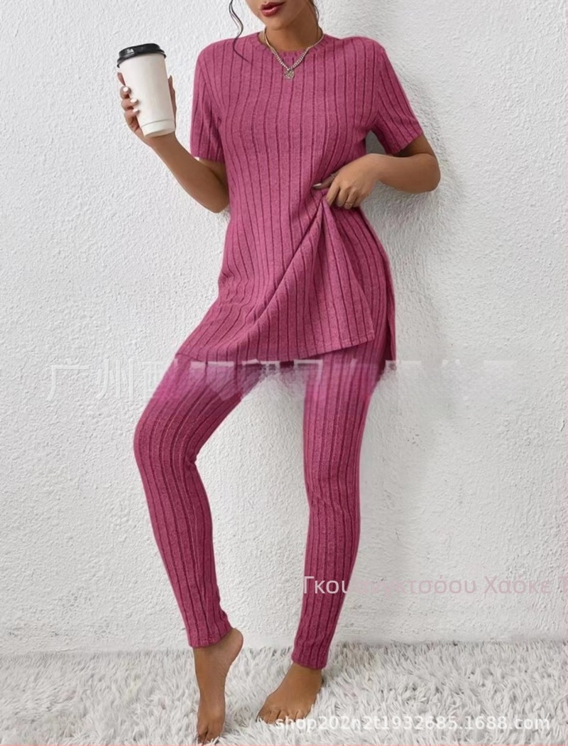 2025 Διασυνοριακό Ευρωπαϊκό και Αμερικανικό Νέο Πλεκτό Κοστούμι Amazon Casual Slim-Fit Μονόχρωμο Κοστούμι με Ριμπ Μακρύ Παντελόνι για Γυναίκες