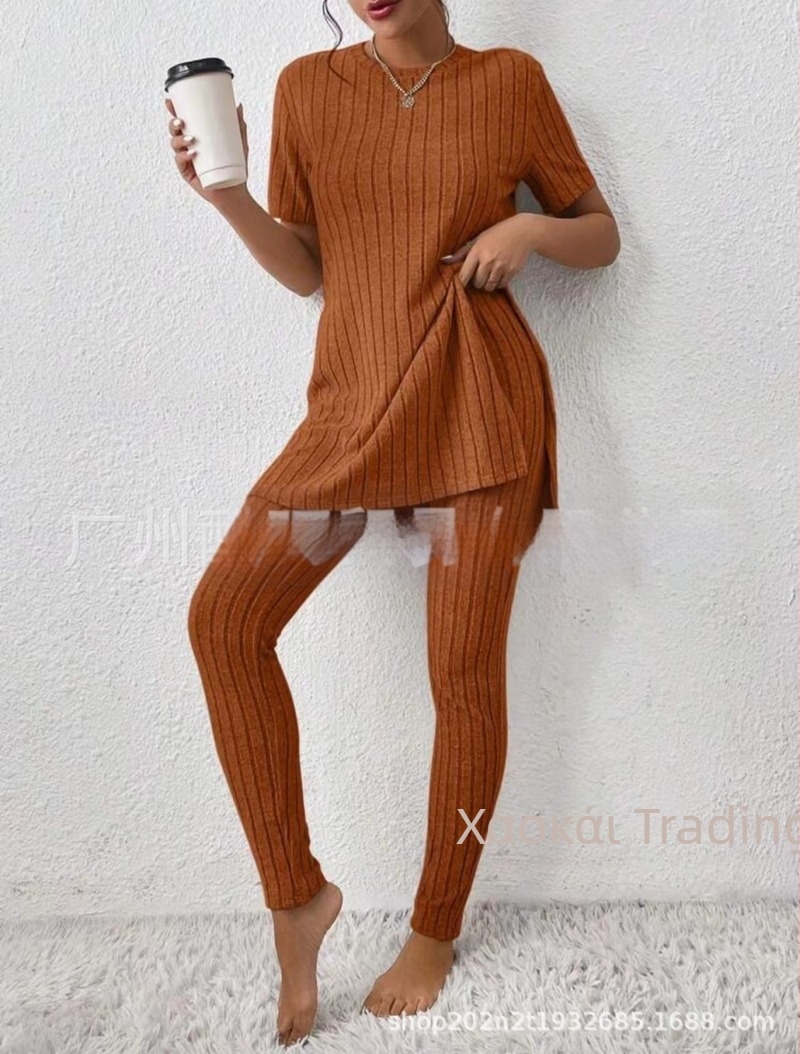 2025 Διασυνοριακό Ευρωπαϊκό και Αμερικανικό Νέο Πλεκτό Κοστούμι Amazon Casual Slim-Fit Μονόχρωμο Κοστούμι με Ριμπ Μακρύ Παντελόνι για Γυναίκες