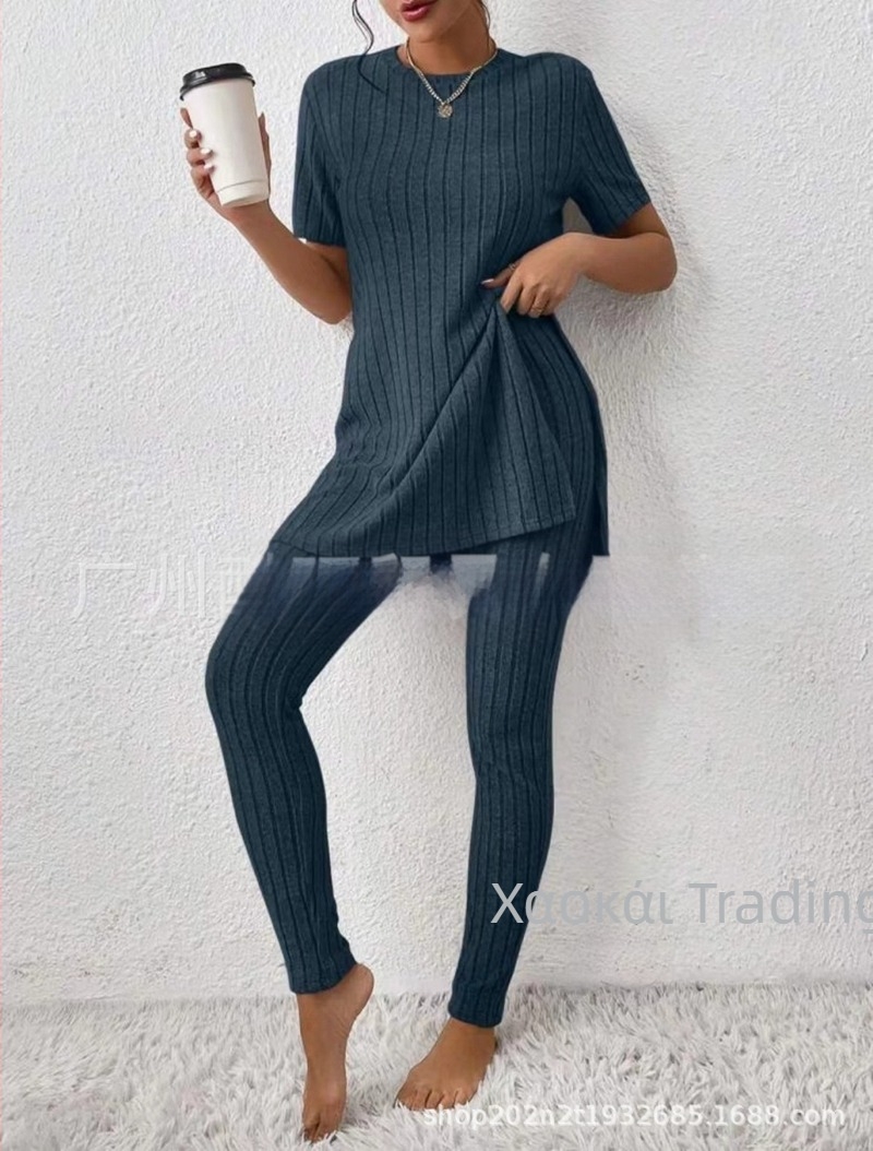 2025 Διασυνοριακό Ευρωπαϊκό και Αμερικανικό Νέο Πλεκτό Κοστούμι Amazon Casual Slim-Fit Μονόχρωμο Κοστούμι με Ριμπ Μακρύ Παντελόνι για Γυναίκες