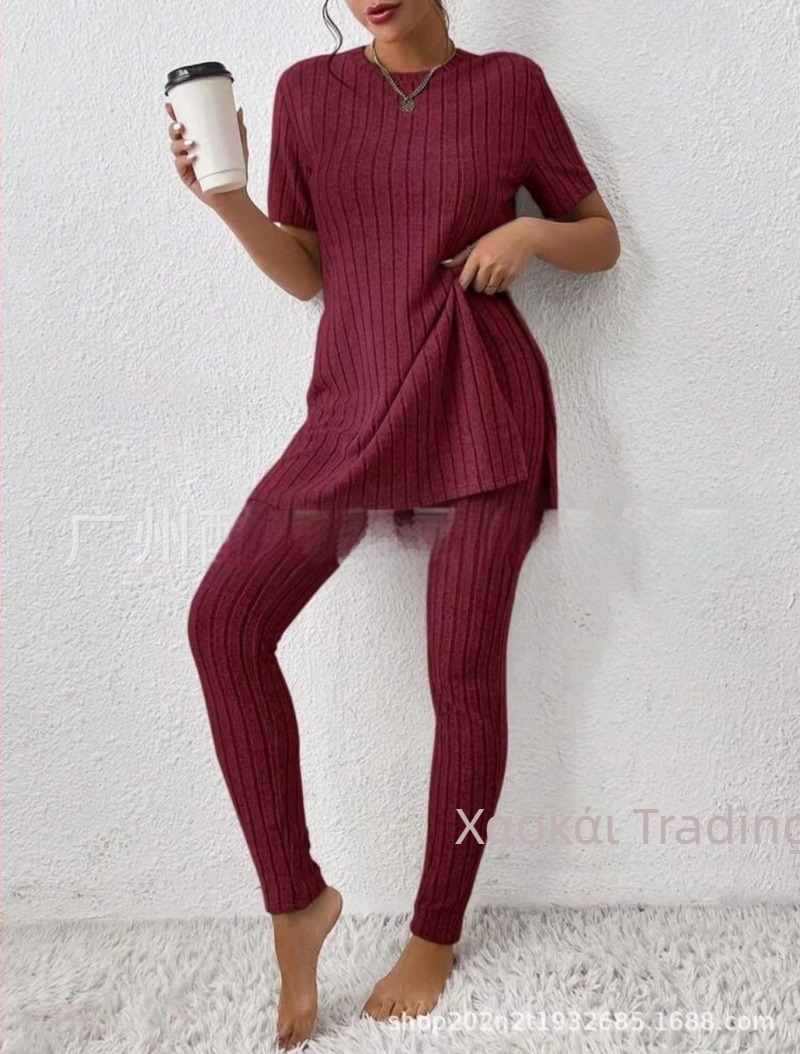 2025 Διασυνοριακό Ευρωπαϊκό και Αμερικανικό Νέο Πλεκτό Κοστούμι Amazon Casual Slim-Fit Μονόχρωμο Κοστούμι με Ριμπ Μακρύ Παντελόνι για Γυναίκες