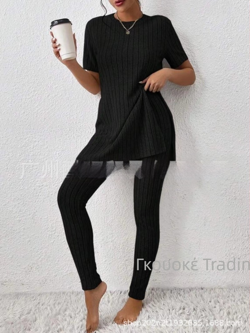 2025 Διασυνοριακό Ευρωπαϊκό και Αμερικανικό Νέο Πλεκτό Κοστούμι Amazon Casual Slim-Fit Μονόχρωμο Κοστούμι με Ριμπ Μακρύ Παντελόνι για Γυναίκες