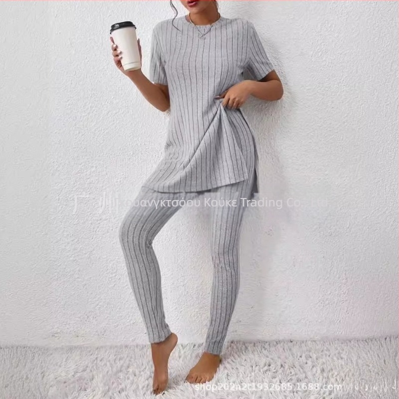 2025 Διασυνοριακό Ευρωπαϊκό και Αμερικανικό Νέο Πλεκτό Κοστούμι Amazon Casual Slim-Fit Μονόχρωμο Κοστούμι με Ριμπ Μακρύ Παντελόνι για Γυναίκες