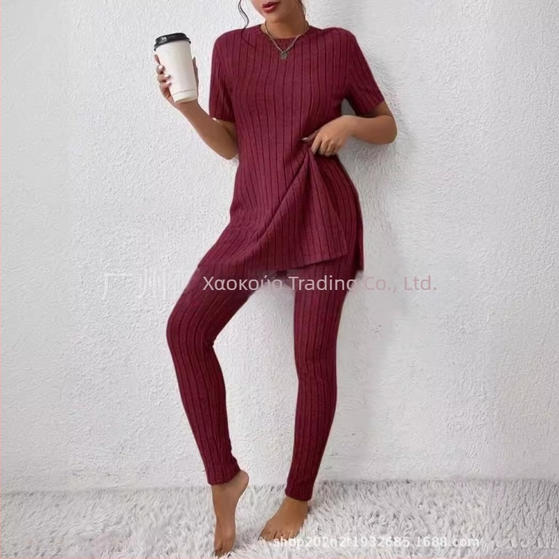 2025 Διασυνοριακό Ευρωπαϊκό και Αμερικανικό Νέο Πλεκτό Κοστούμι Amazon Casual Slim-Fit Μονόχρωμο Κοστούμι με Ριμπ Μακρύ Παντελόνι για Γυναίκες