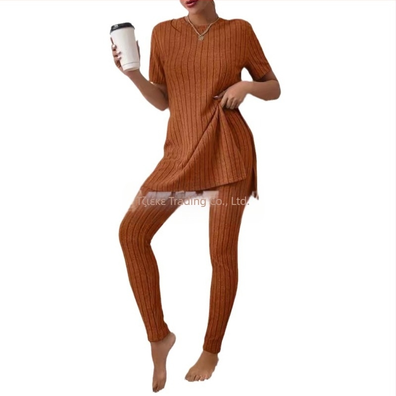 2025 Διασυνοριακό Ευρωπαϊκό και Αμερικανικό Νέο Πλεκτό Κοστούμι Amazon Casual Slim-Fit Μονόχρωμο Κοστούμι με Ριμπ Μακρύ Παντελόνι για Γυναίκες