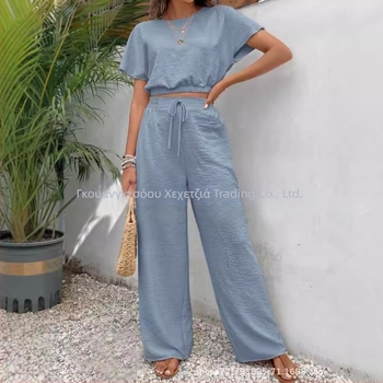 Νέο καλοκαιρινό, δημοφιλές γυναικείο μονόχρωμο παντελόνι με στρογγυλή λαιμόκοψη, λεπτό αμάνικο τοπ, 2024