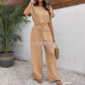 Νέο καλοκαιρινό, δημοφιλές γυναικείο μονόχρωμο παντελόνι με στρογγυλή λαιμόκοψη, λεπτό αμάνικο τοπ, 2024