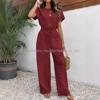 Νέο καλοκαιρινό, δημοφιλές γυναικείο μονόχρωμο παντελόνι με στρογγυλή λαιμόκοψη, λεπτό αμάνικο τοπ, 2024