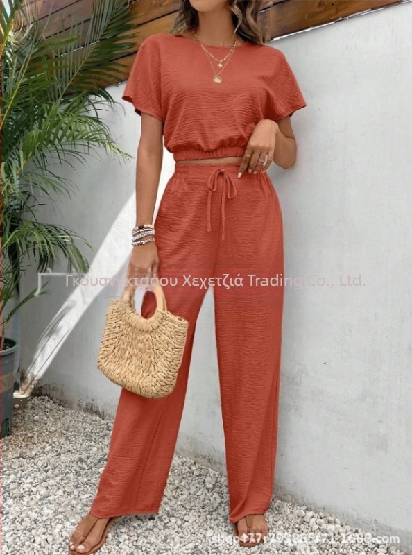 Νέο καλοκαιρινό, δημοφιλές γυναικείο μονόχρωμο παντελόνι με στρογγυλή λαιμόκοψη, λεπτό αμάνικο τοπ, 2024