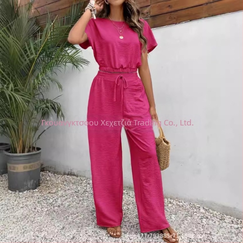 Νέο καλοκαιρινό, δημοφιλές γυναικείο μονόχρωμο παντελόνι με στρογγυλή λαιμόκοψη, λεπτό αμάνικο τοπ, 2024