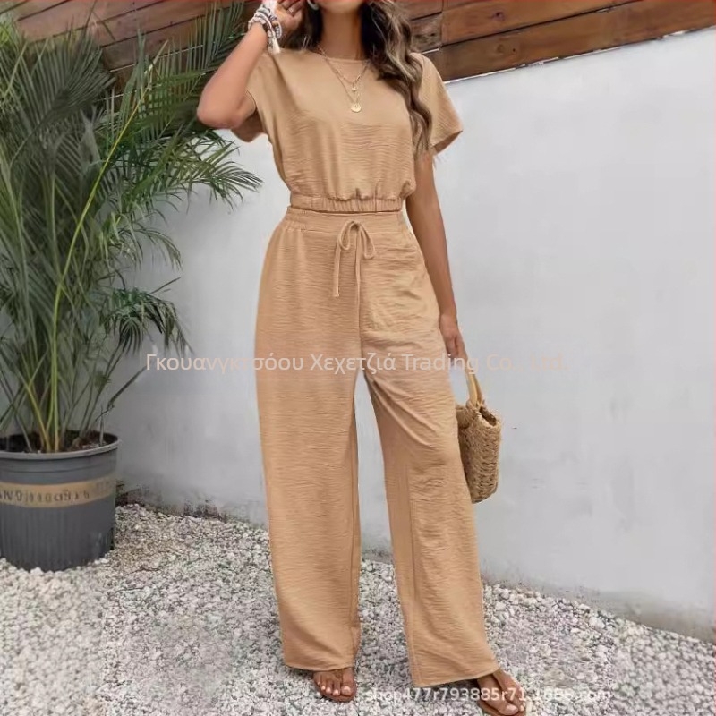 Νέο καλοκαιρινό, δημοφιλές γυναικείο μονόχρωμο παντελόνι με στρογγυλή λαιμόκοψη, λεπτό αμάνικο τοπ, 2024