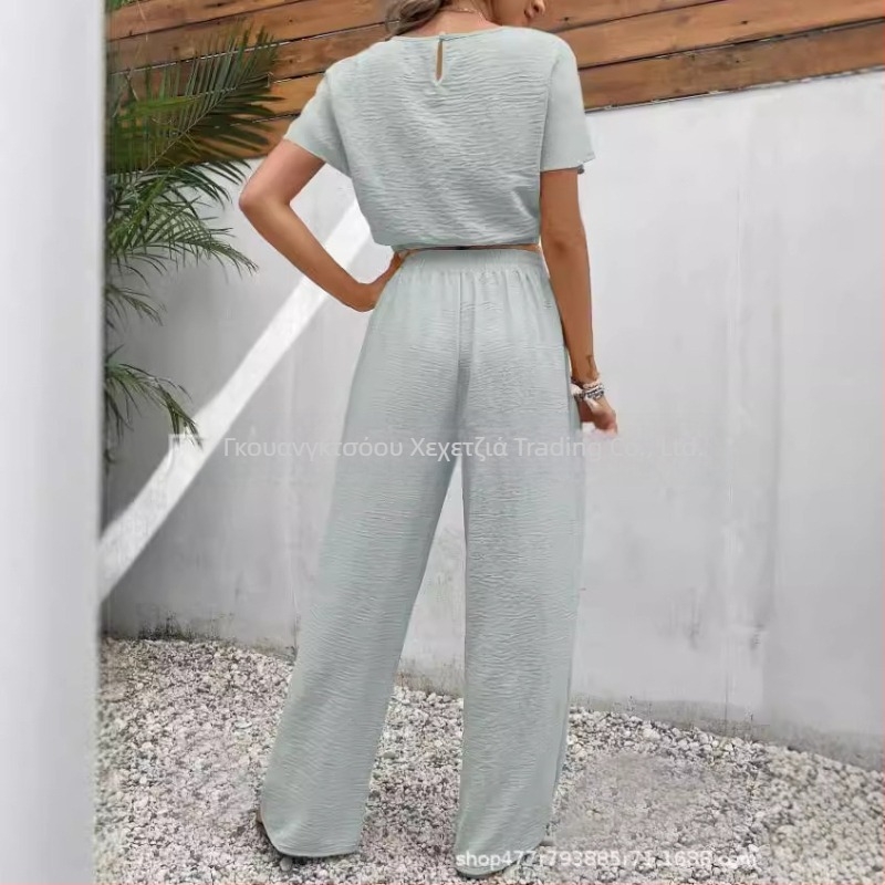 Νέο καλοκαιρινό, δημοφιλές γυναικείο μονόχρωμο παντελόνι με στρογγυλή λαιμόκοψη, λεπτό αμάνικο τοπ, 2024