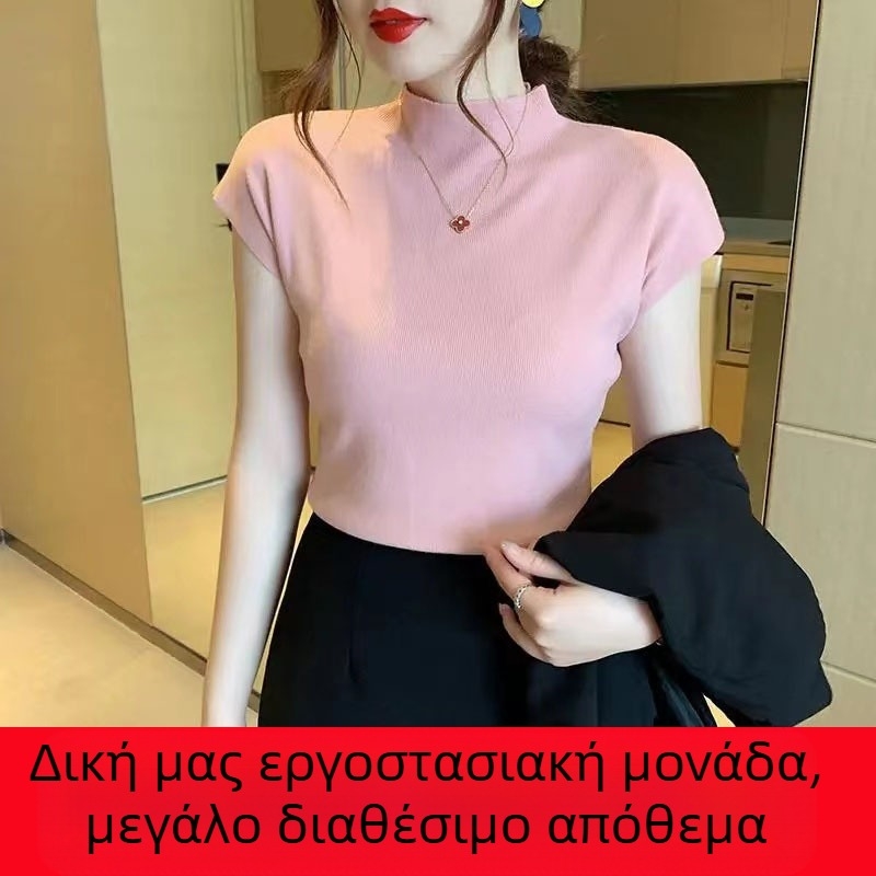Νέο ημι-ψηλό γιακά γυναικείο πουλόβερ μαύρο κοντομάνικο γυναικείο καλοκαιρινό πουλόβερ λεπτό χαλαρό εξωτερικό εμπόριο χονδρικής