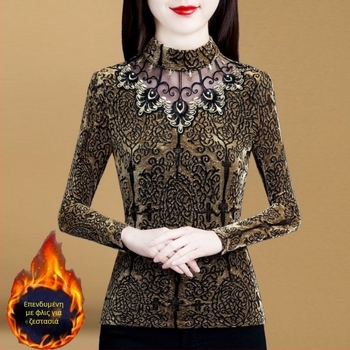 Γυναικείο Πουκάμισο με Βάση από Διχτυωτό Υλικό Φθινόπωρο και Χειμώνας 2024 Νέο, λεπτό τοπ με επένδυση από φλις και χοντρό ύφασμα για μεγάλα μεγέθη