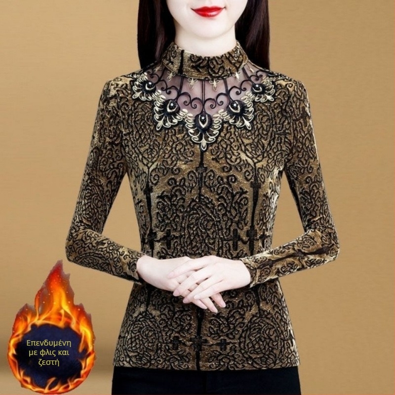 Γυναικείο Πουκάμισο με Βάση από Διχτυωτό Υλικό Φθινόπωρο και Χειμώνας 2024 Νέο, λεπτό τοπ με επένδυση από φλις και χοντρό ύφασμα για μεγάλα μεγέθη