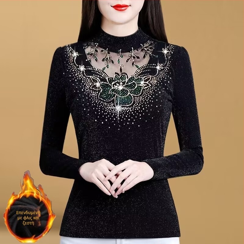 Γυναικείο Πουκάμισο με Βάση από Διχτυωτό Υλικό Φθινόπωρο και Χειμώνας 2024 Νέο, λεπτό τοπ με επένδυση από φλις και χοντρό ύφασμα για μεγάλα μεγέθη