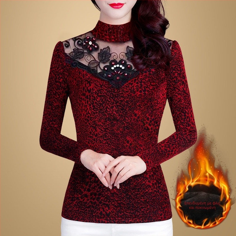 Γυναικείο Πουκάμισο με Βάση από Διχτυωτό Υλικό Φθινόπωρο και Χειμώνας 2024 Νέο, λεπτό τοπ με επένδυση από φλις και χοντρό ύφασμα για μεγάλα μεγέθη