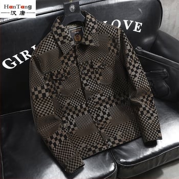 Νέο ανδρικό δερμάτινο μπουφάν με πέτο σε σχέδιο σκακιέρας, για άνδρες, άνοιξη, φθινόπωρο και χειμώνα, αποκλειστικά σε απόθεμα