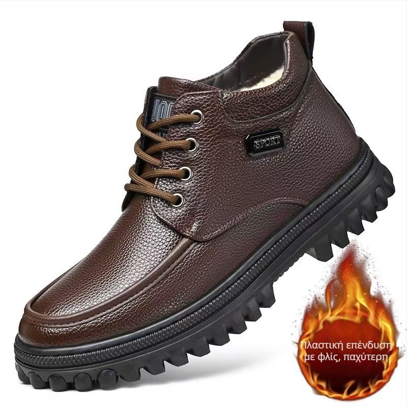 Ανδρικά παπούτσια από γνήσιο δέρμα και βαμβάκι, νέες χειμερινές μπότες χιονιού με ψηλό τελείωμα και χοντρή σόλα για μεσήλικες και ηλικιωμένους μπαμπάδες