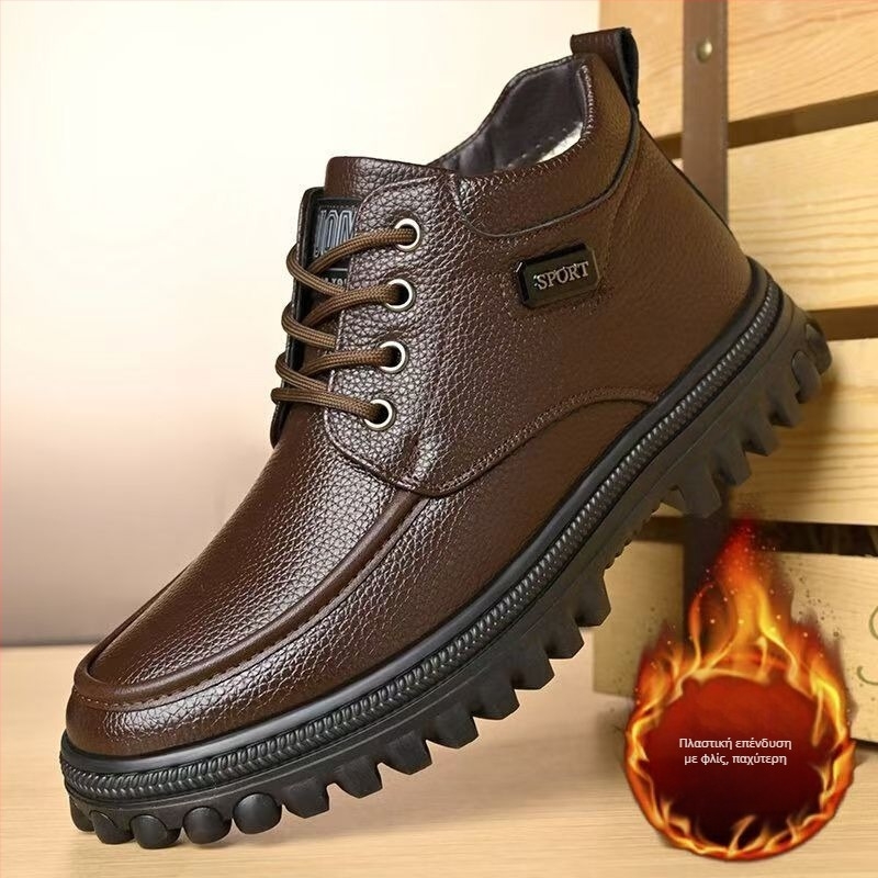 Ανδρικά παπούτσια από γνήσιο δέρμα και βαμβάκι, νέες χειμερινές μπότες χιονιού με ψηλό τελείωμα και χοντρή σόλα για μεσήλικες και ηλικιωμένους μπαμπάδες