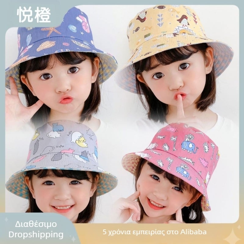 Παιδικό καπέλο ψαρά διπλής όψης εργοστασίου με εκτύπωση για αγόρια και κορίτσια, μωρό άνοιξη και φθινόπωρο, χαριτωμένο νέο καπέλο νιπτήρα