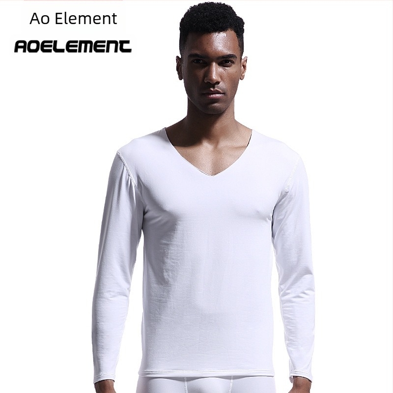 Ανδρικό Θερμικό Εσώρουχο χωρίς Ραφή με V-Neck, Χειμερινό, Στενή Εφαρμογή, Λεπτό Στενή Μπλούζα με Φόδρα από Φλις, Φθινοπωρινό Ρούχο, Βαμβακερό Πουλόβερ