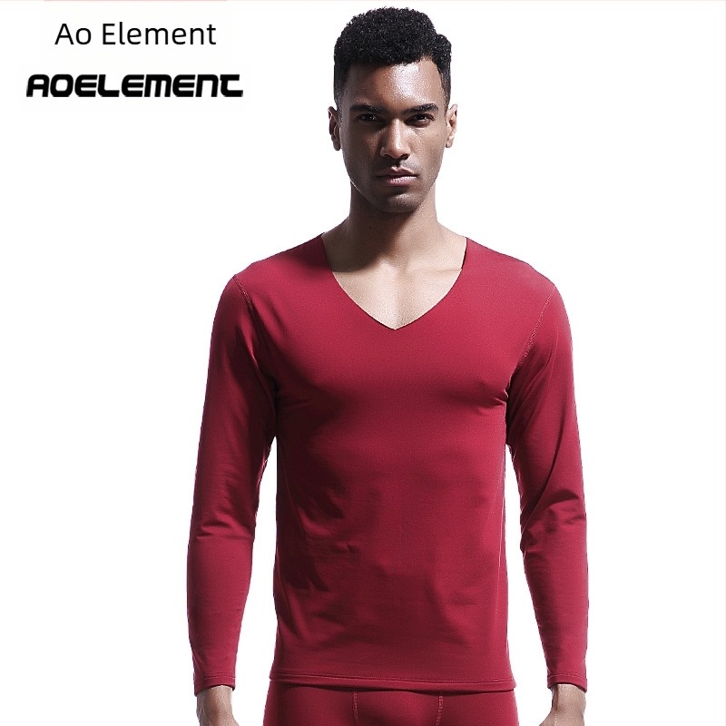 Ανδρικό Θερμικό Εσώρουχο χωρίς Ραφή με V-Neck, Χειμερινό, Στενή Εφαρμογή, Λεπτό Στενή Μπλούζα με Φόδρα από Φλις, Φθινοπωρινό Ρούχο, Βαμβακερό Πουλόβερ