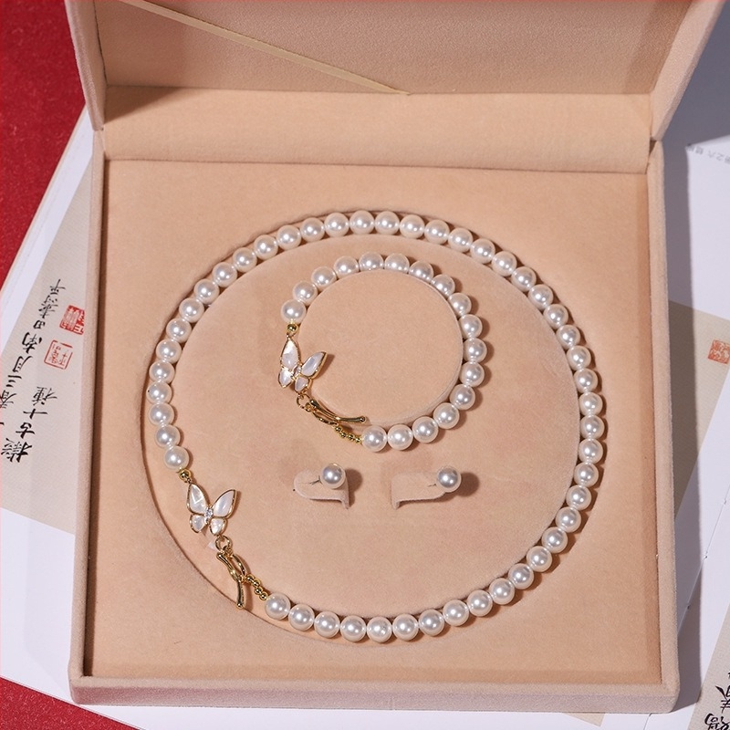 Χονδρικό Φυσικό Κολιέ με Μαργαριτάρια Βαθιάς Θάλασσας, Γυναικείο Σετ Τριών Κοσμημάτων, Δώρο για την Ημέρα της Μητέρας, Ζωντανό Δώρο